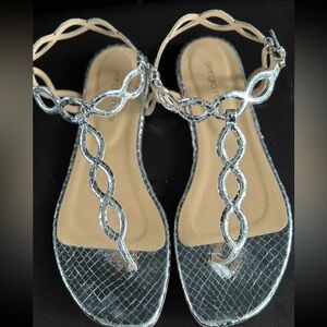 Sergio Rossi Silver Metallic T-Strap Sandals